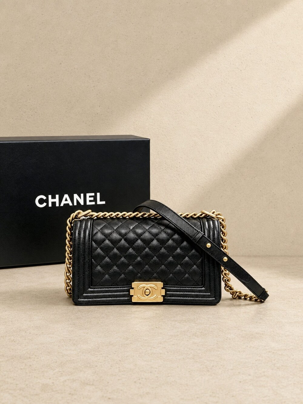 Chanel Gold Chain Black Quilted Lambskin Boy Medium Shoulder Bag - Picture 2 of 4